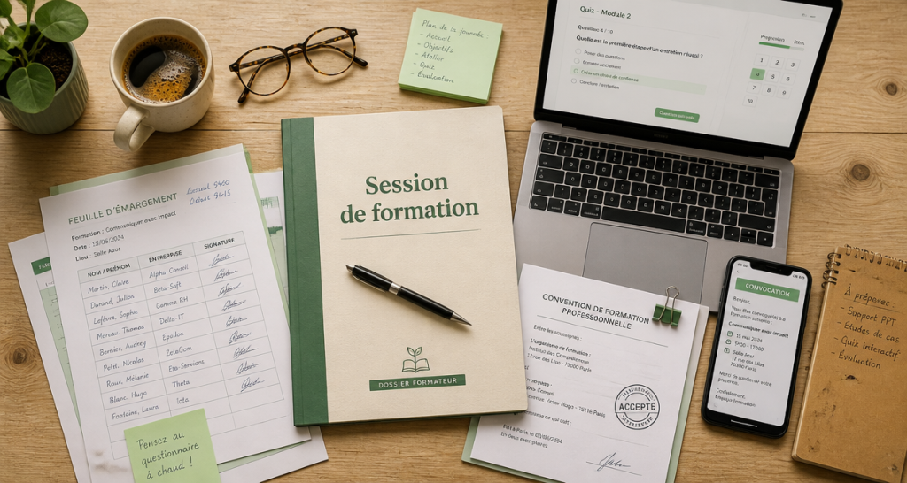Vue bureau session de formation dossier ordinateur badge