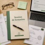 Vue bureau session de formation dossier ordinateur badge