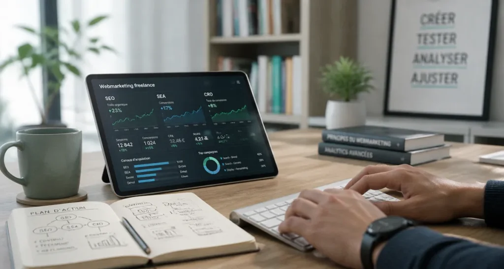 Webmarketing freelance : dashboard SEO SEA CRO sur tablette