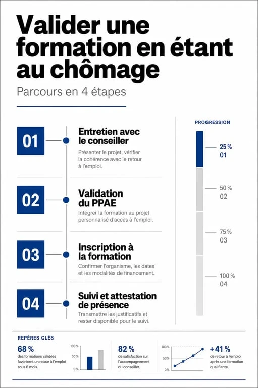 Infographie des étapes pour suivre une formation en étant chômeur et valider son projet avec France Travail