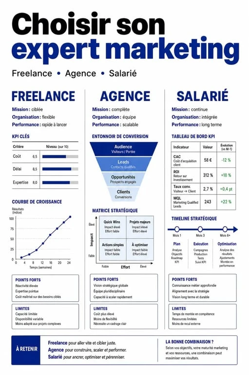Expert en marketing : comparaison visuelle entre freelance, agence et salarié pour aider à choisir le bon profil