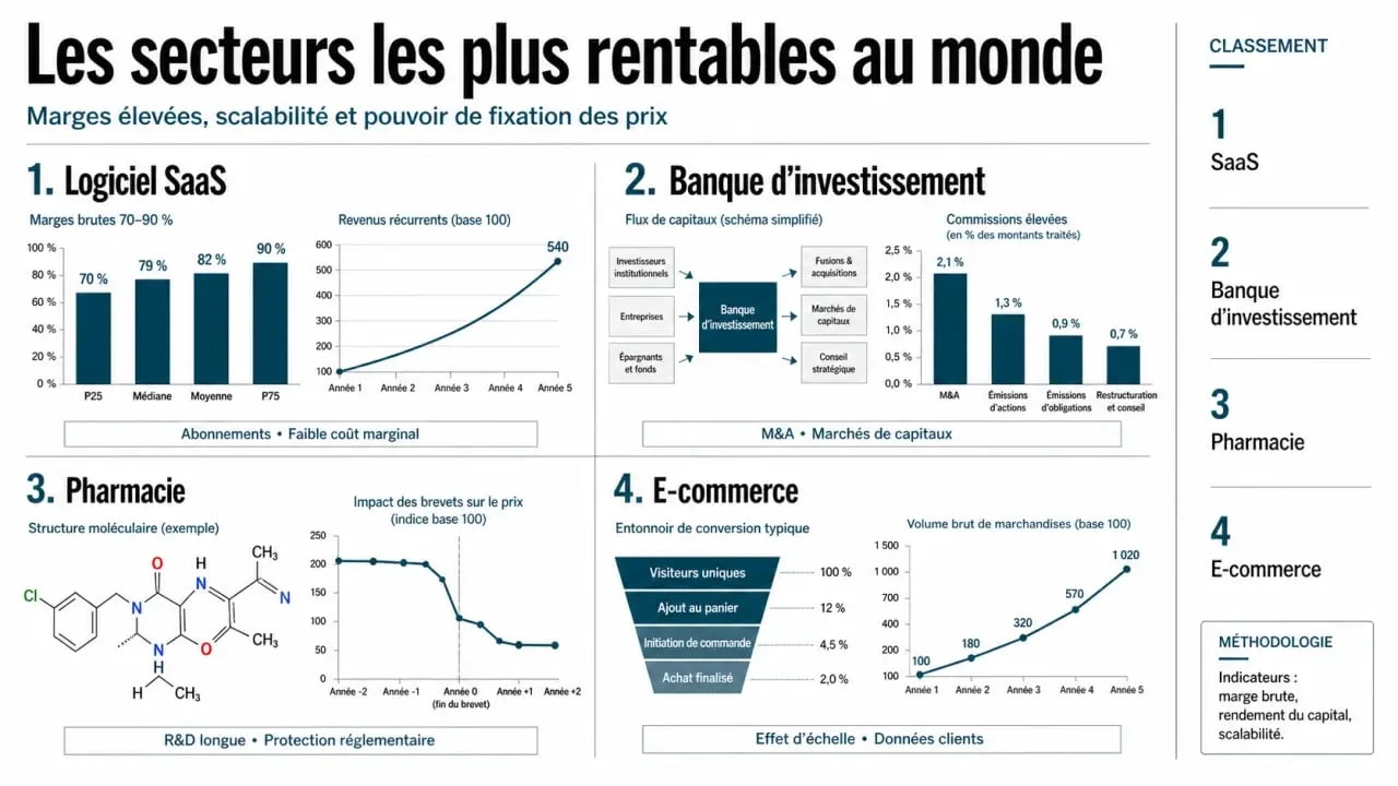 Infographie des secteurs d'activité les plus rentables au monde pour les entrepreneurs et investisseurs.