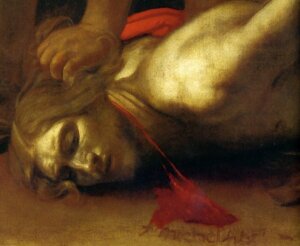 sangue e arte Caravaggio, "Decollazione di San Giovanni Battista", particolare, olio su tela, 1608, La Valletta, Concattedrale di San Giovanni