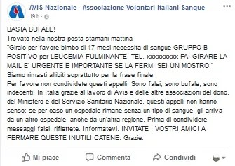 bufale sul bisogno di sangue avis. chiama sempre la sede per verificare