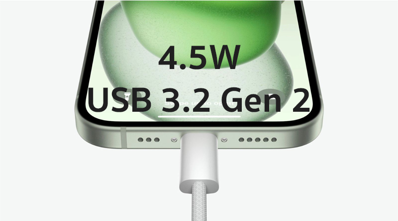 iPhone 15's USB-C Port 4.5W Charging for Accessories, USB 3.2 Gen 2 for Pro Models
