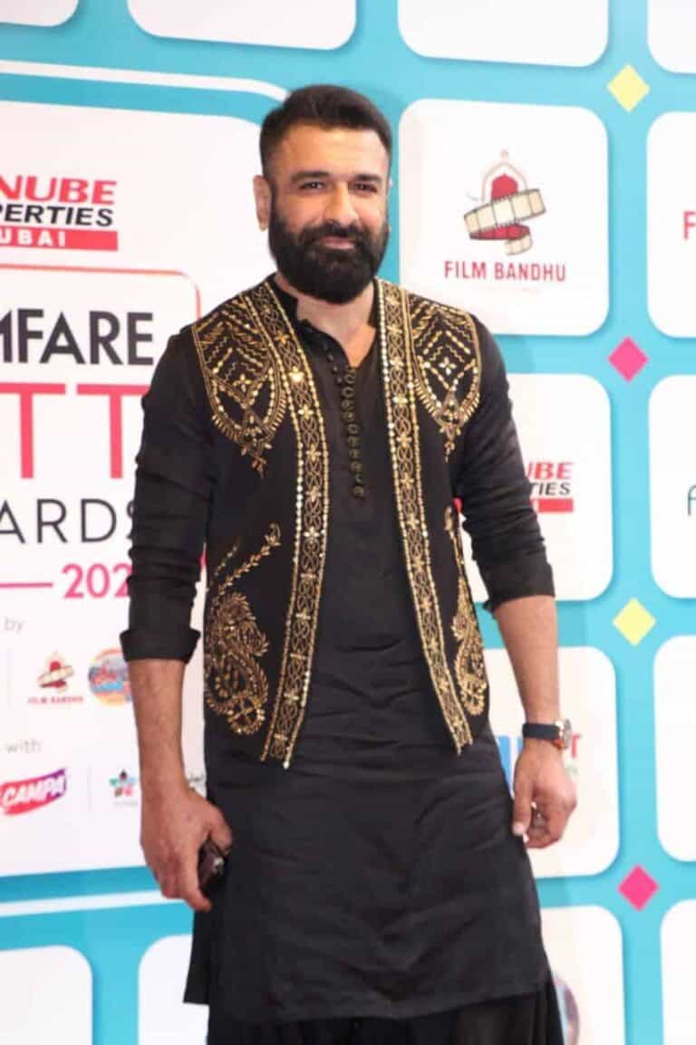Eijaz Khan Makes a Bold Style Statement in Classic Black Pathani Suit at Filmfare OTT Awards.