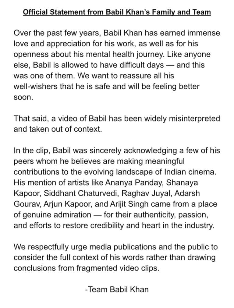 Babil Khan’s Team Responds to Viral Video Controversy.