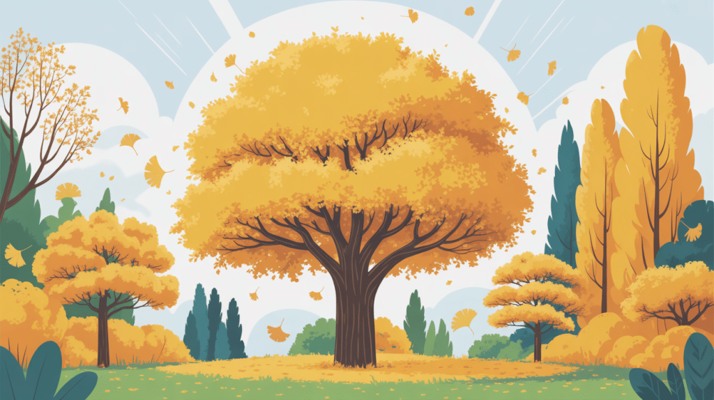 Illustration arbre feuillage jaune automne dans jardin éclairé