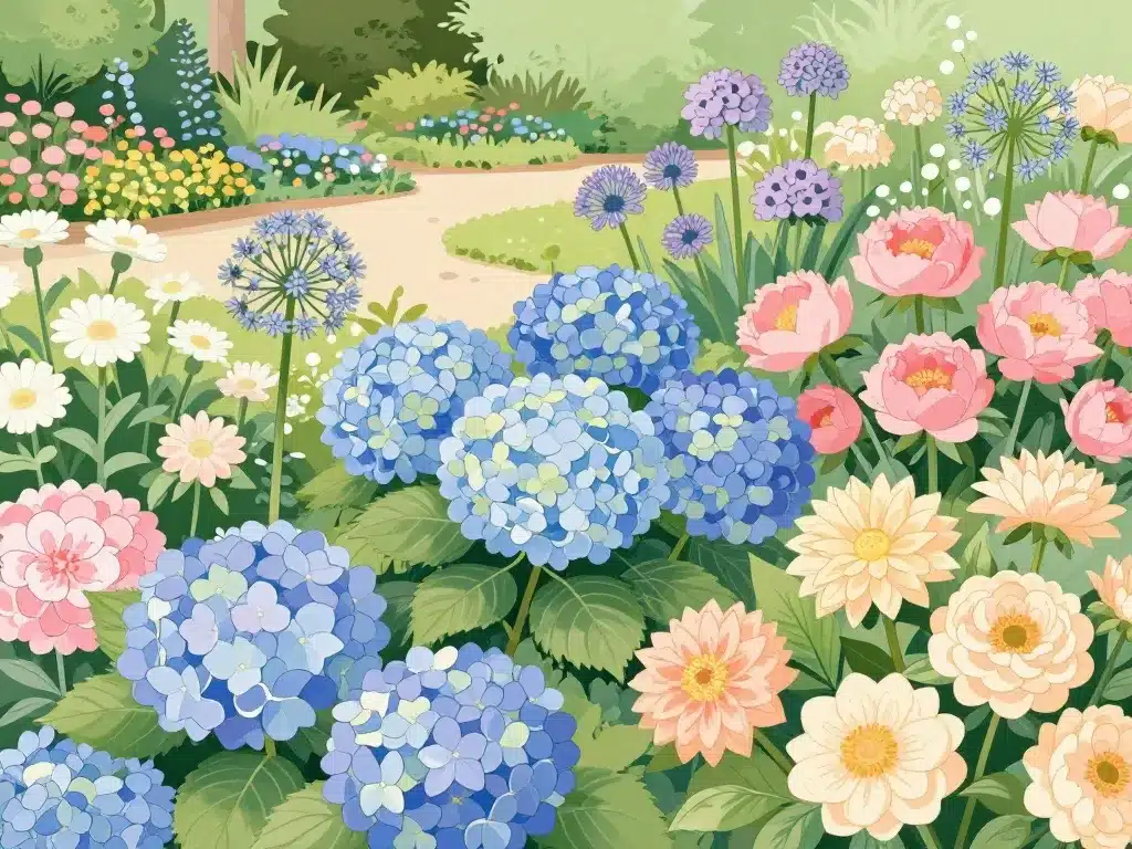 massif fleurs grosse boule jardin alliums pivoines