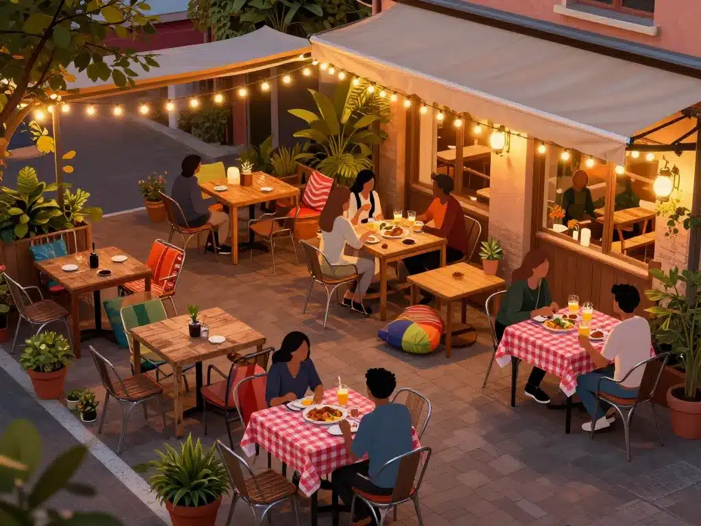 Terrasse guinguette vue du dessus avec déco chaleureuse