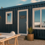 bungalow préfabriqué moderne avec homme sur terrain