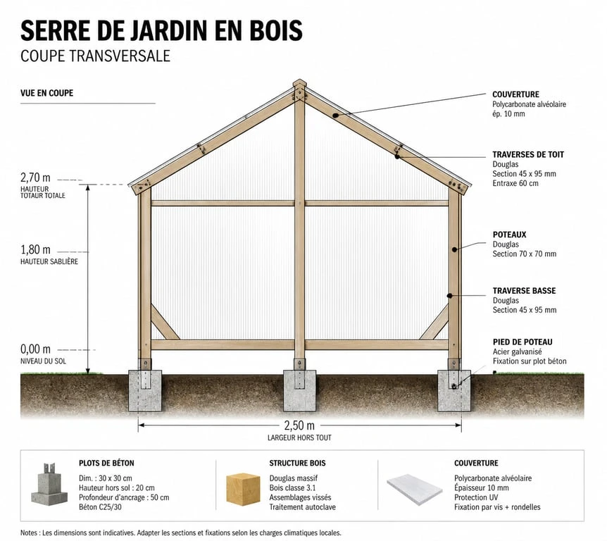 Schéma technique des étapes de construction d'une serre en bois pour le jardin