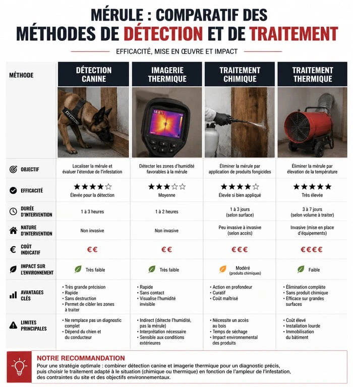 Infographie comparative des méthodes de détection et de traitement de la mérule à Loudéac