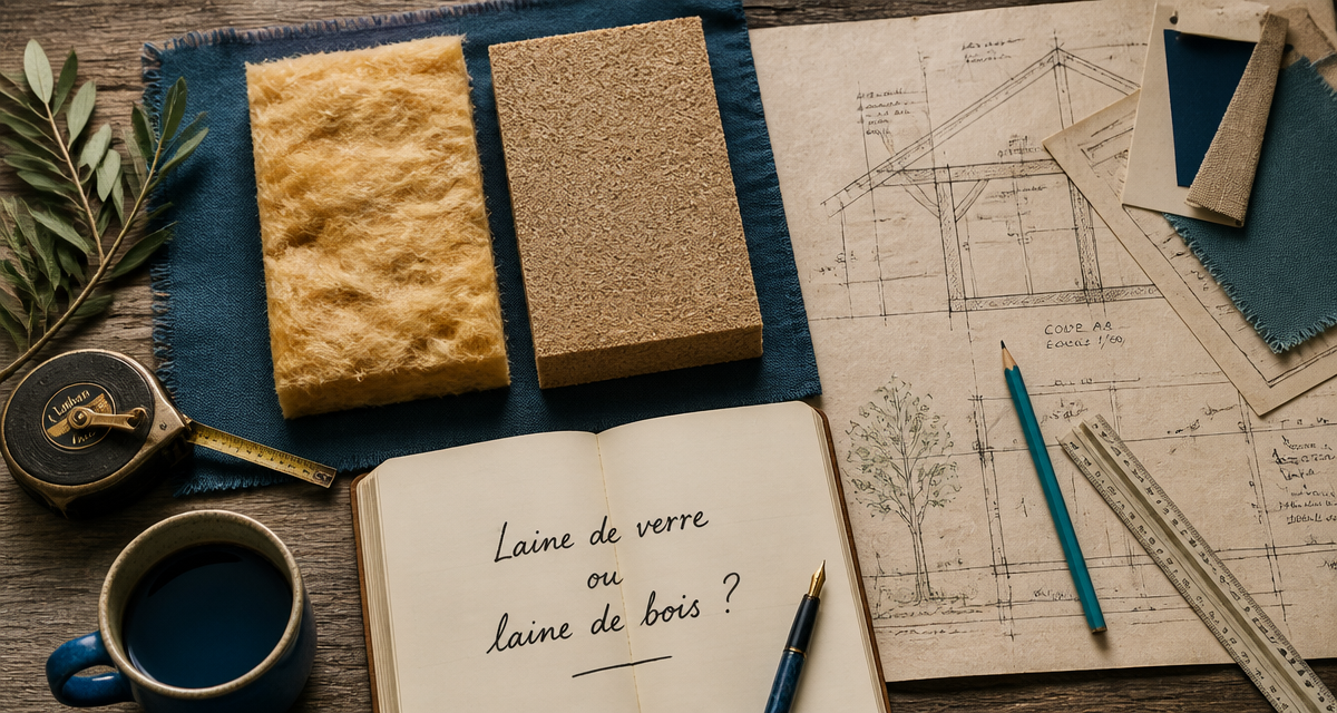 laine de verre ou laine de bois échantillons côte à côte