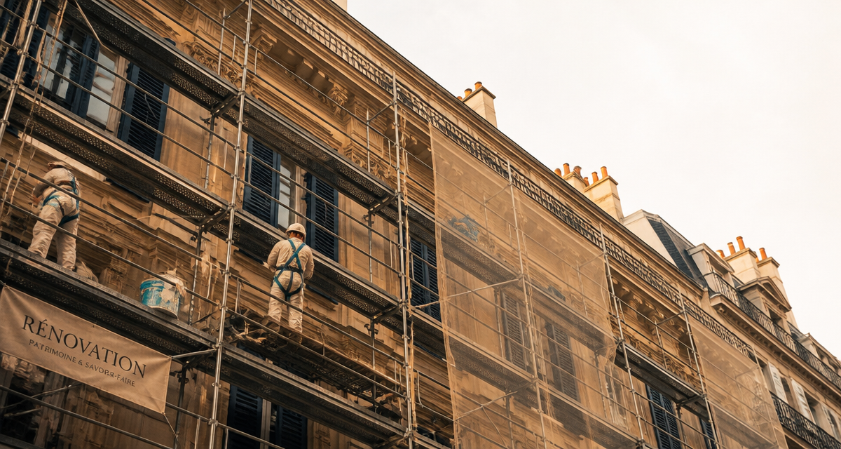 nouvelle loi ravalement de façade sur immeuble haussmannien en travaux