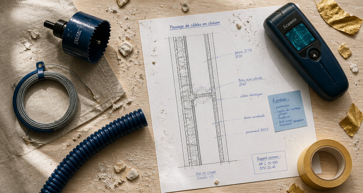 passer un câble horizontal dans une cloison placo, outils sur plan de travail