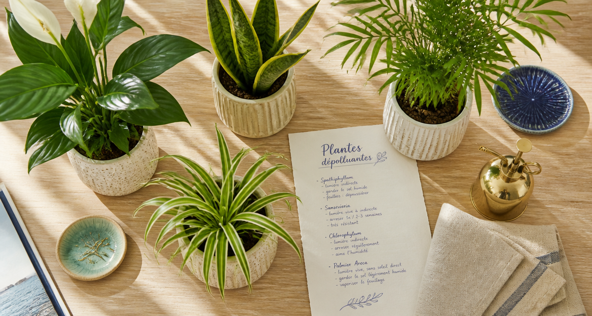 plantes d'interieur depolluante en pots sur table
