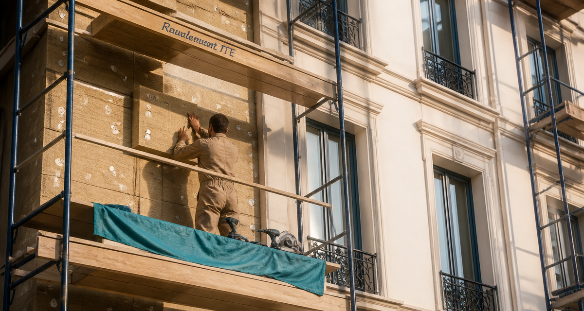 Ravalement ITE sur façade immeuble ancien en rénovation