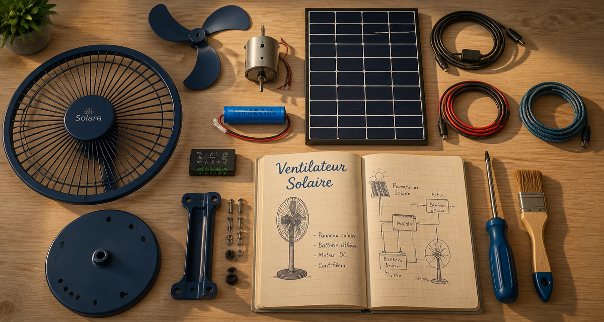 ventilateur panneau solaire composants démontés sur table