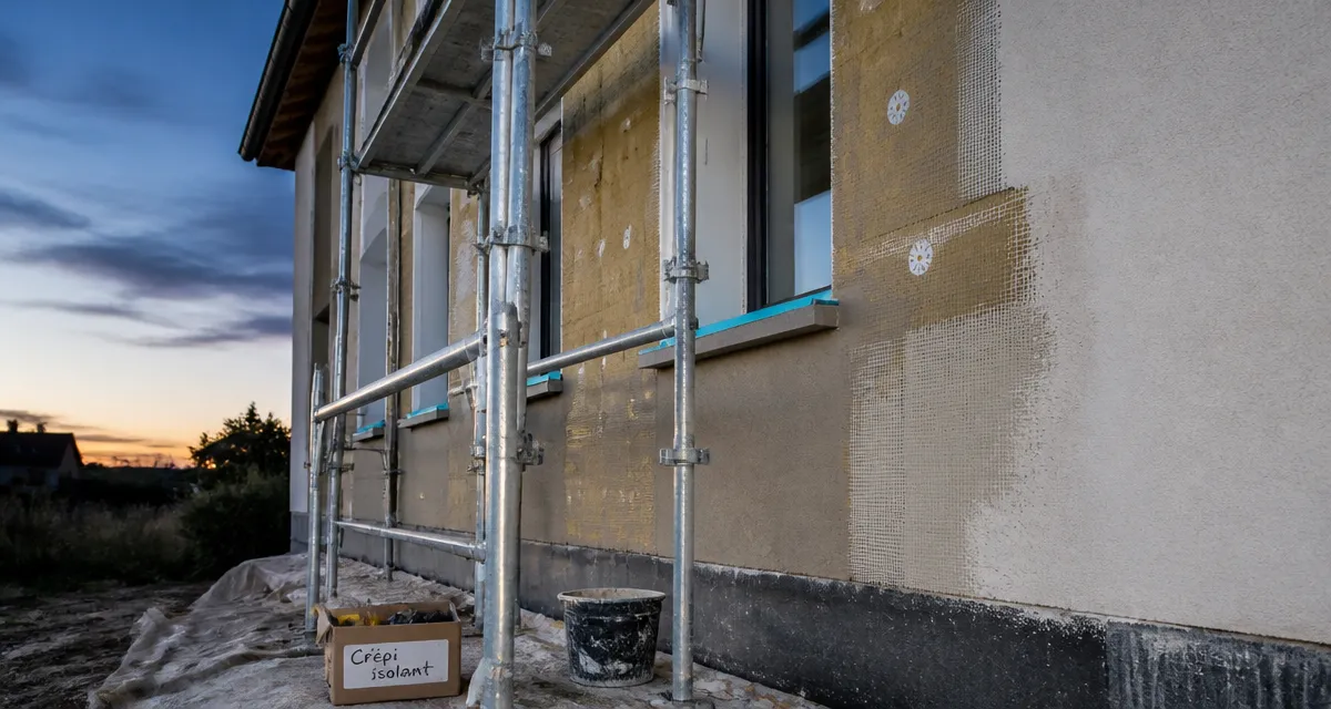 Crepi isolant sur façade en rénovation avec panneaux isolants et sous-enduit