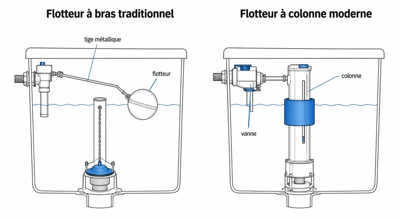 Schéma technique des deux types de flotteurs de chasse d'eau : à bras et à colonne pour le réglage du niveau d'eau.