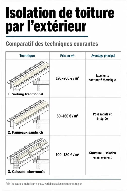 Comparatif des techniques d'isolation de toiture par l'extérieur sarking et prix au m2