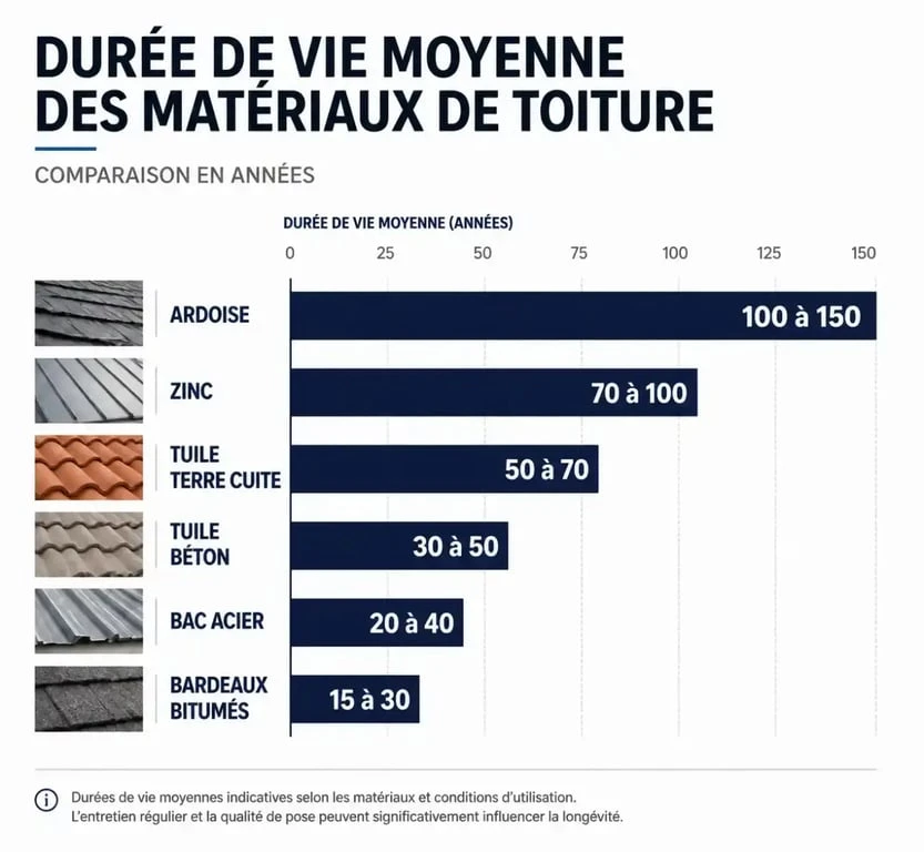 Graphique comparatif de la durée de vie des matériaux de toiture : ardoise, zinc, tuile et bac acier