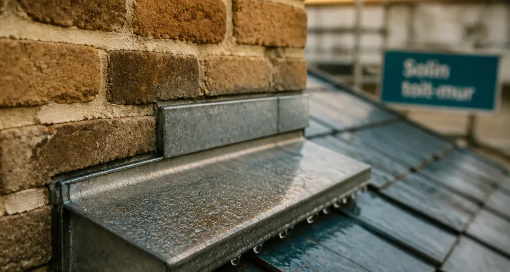 Jonction toit mur avec solin métallique gris zinc anti-infiltration