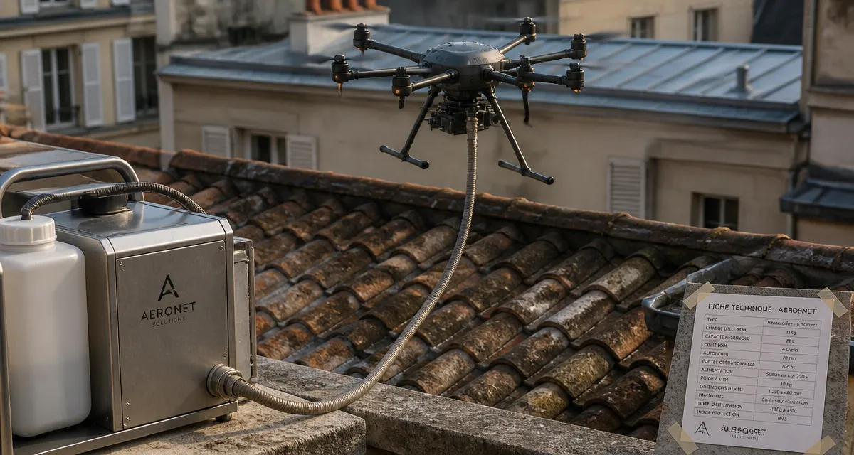 Nettoyage toiture par drone avis : drone au-dessus d’une toiture tuiles