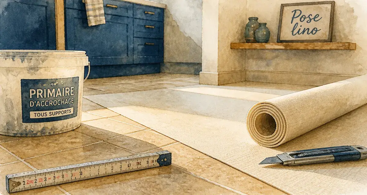 Poser du lino sur carrelage : rouleau de lino en cours de pose dans une cuisine