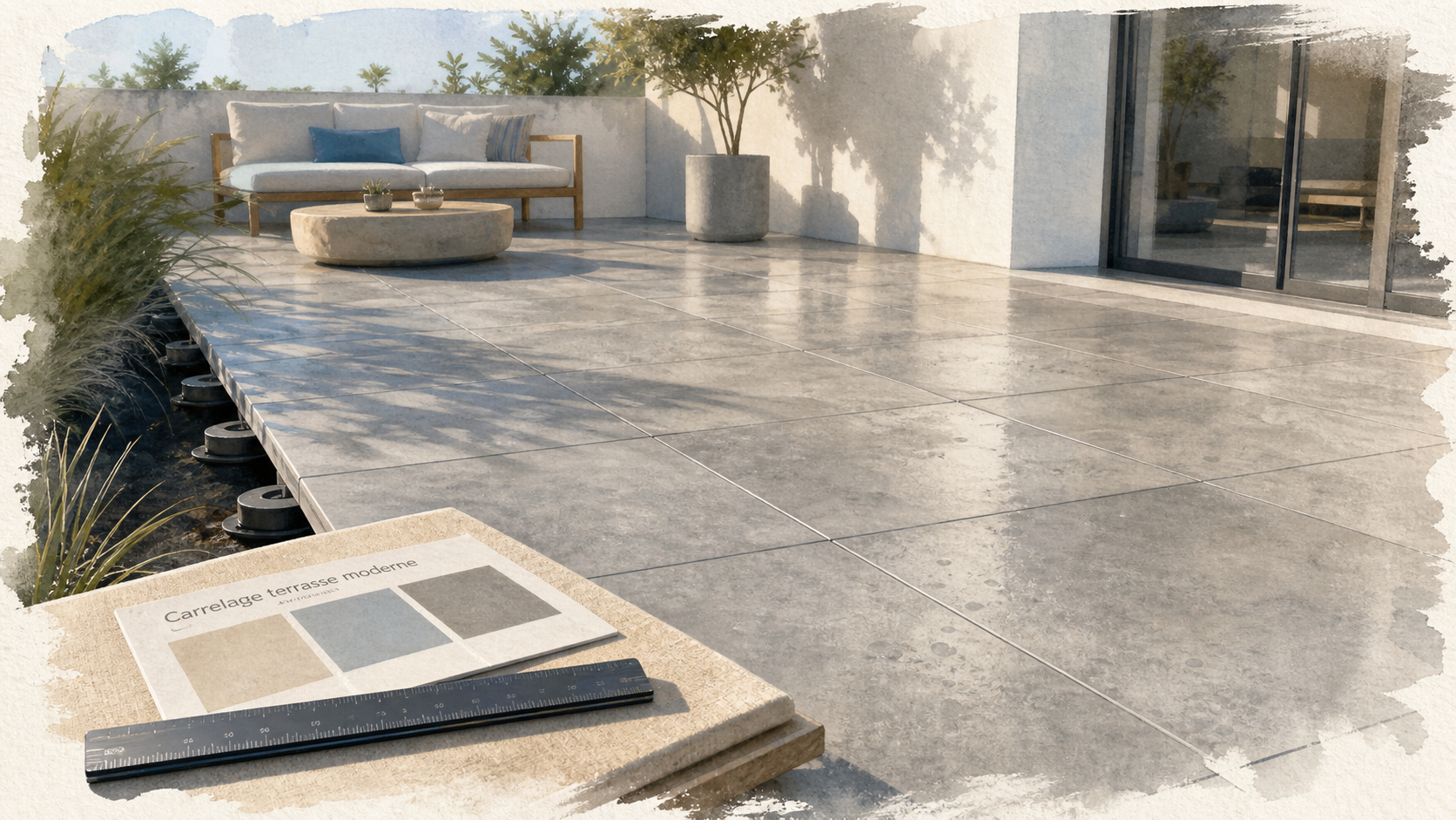 Carrelage terrasse moderne effet béton sur plots, joints fins