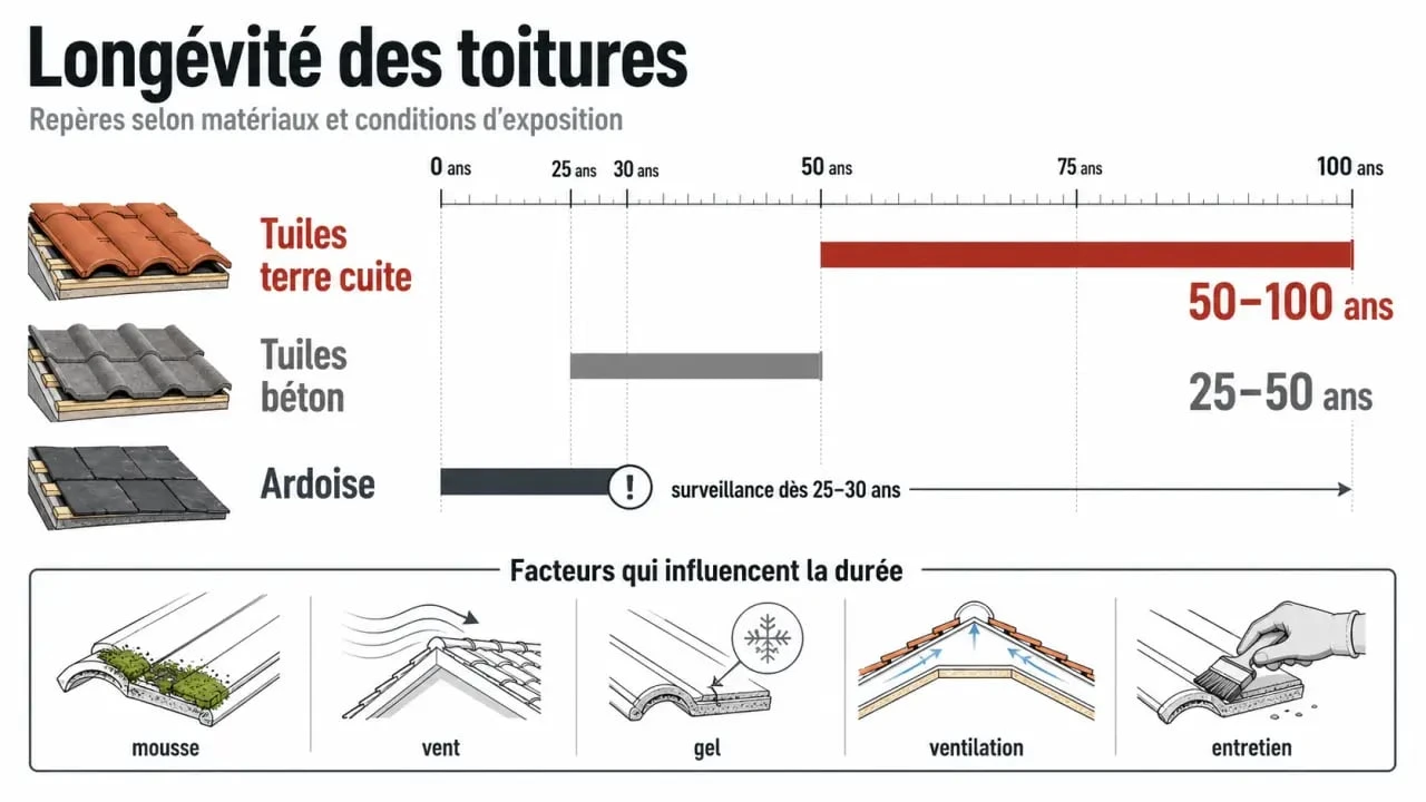 Durée de vie tuiles terre cuite comparée au béton et à l’ardoise avec repères de longévité