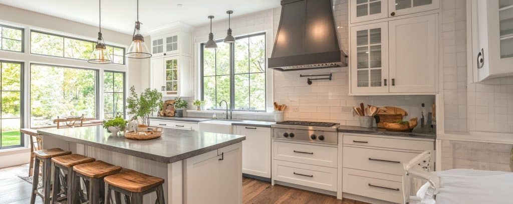 Cocina moderna luminosa con isla y muebles blancos