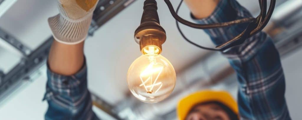 Electricista instalando bombilla encendida en techo