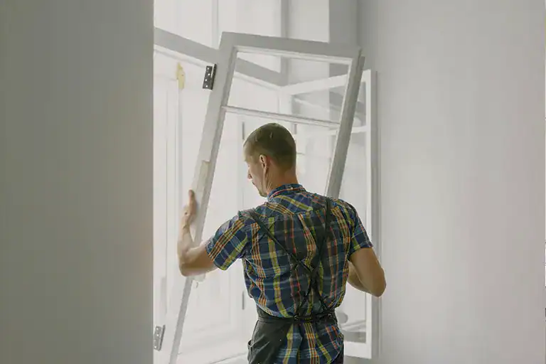 Hombre instalando una ventana en una habitación luminosa