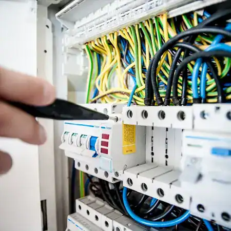 Electricista revisando cuadro eléctrico con cables