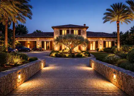 Casa de lujo mediterránea iluminada al anochecer