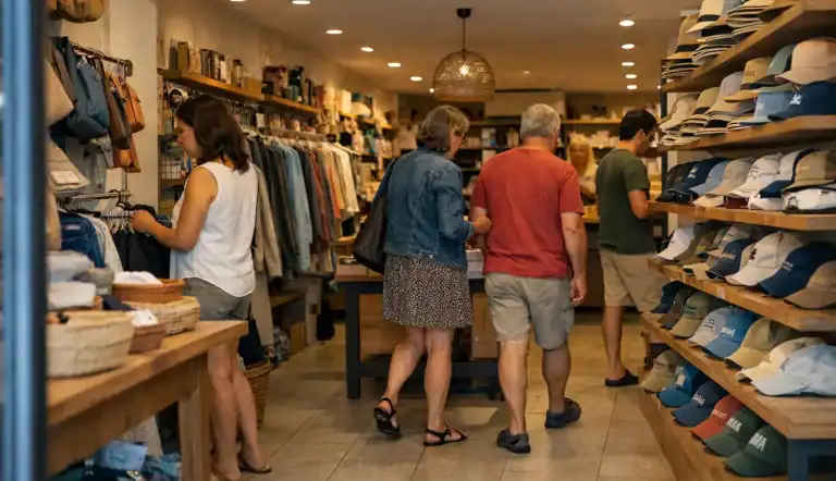 Personas comprando ropa y sombreros en tienda.