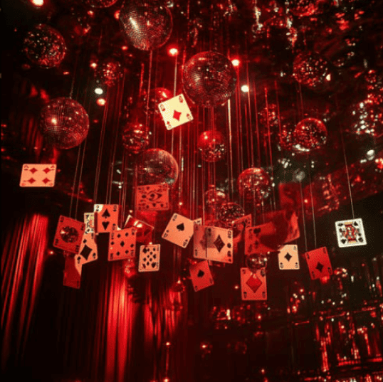Vibrant red casino playing cards and disco balls hanging in a colourful party setting.