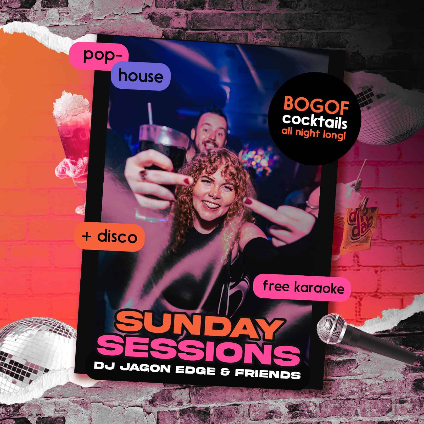 Brightly coloured party flyer promoting Sunday night events at Ballie Ballerson with cocktails, disco, karaoke and DJ Jagon Edge.