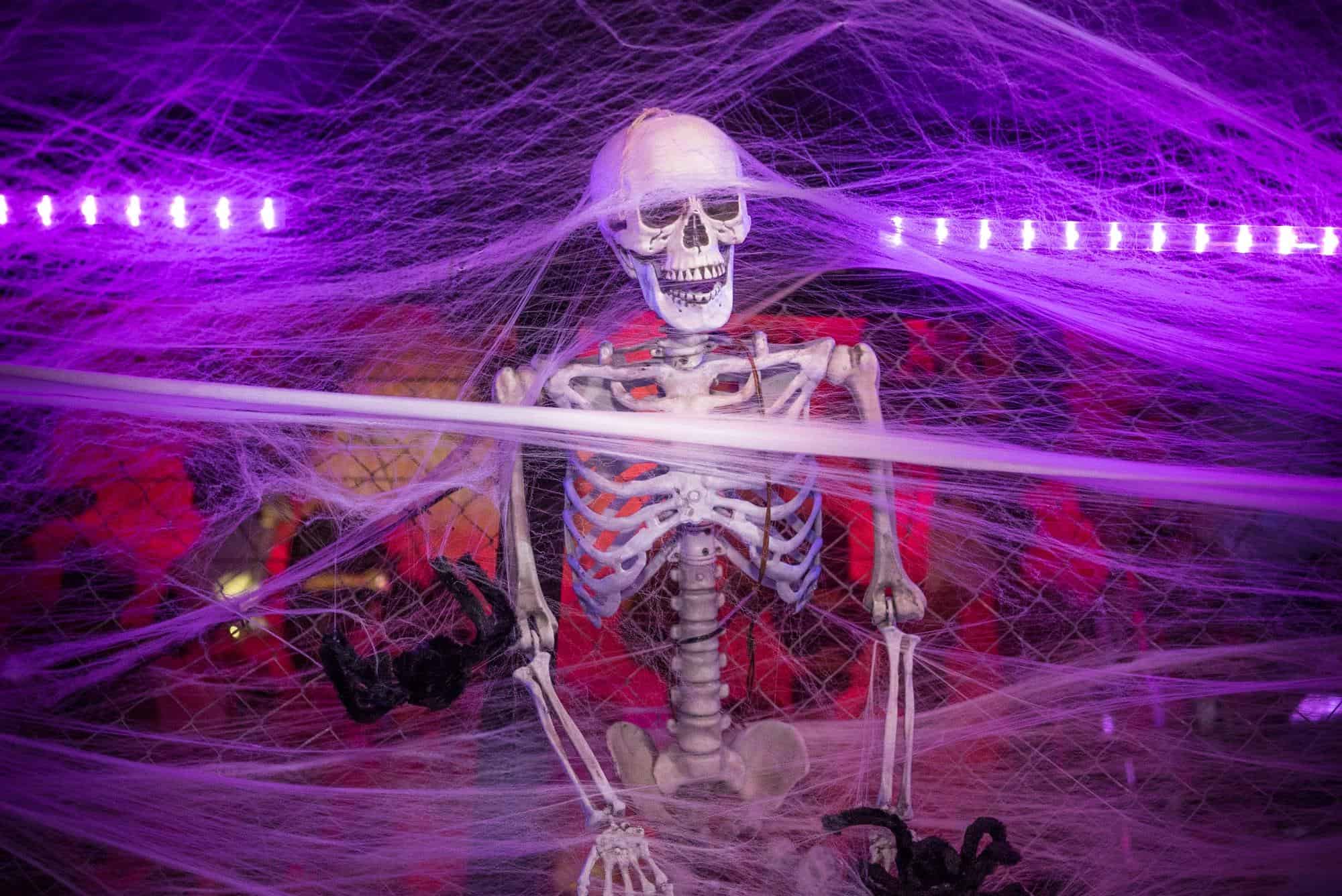 Spooky skeleton decorated with cobwebs at Halloween-themed party at Ballie Ballerson, London.
