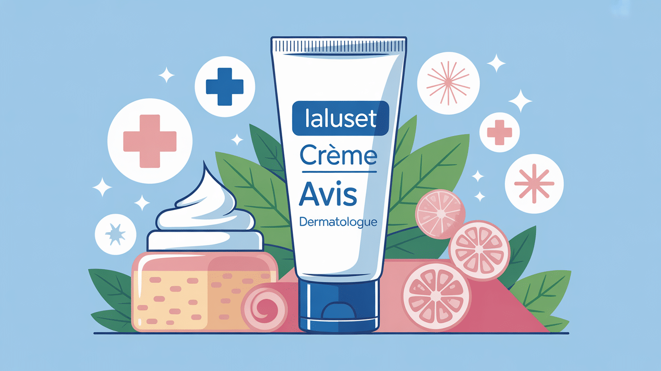 Crème ialuset avis dermato, illustration avec tube et symboles médicaux