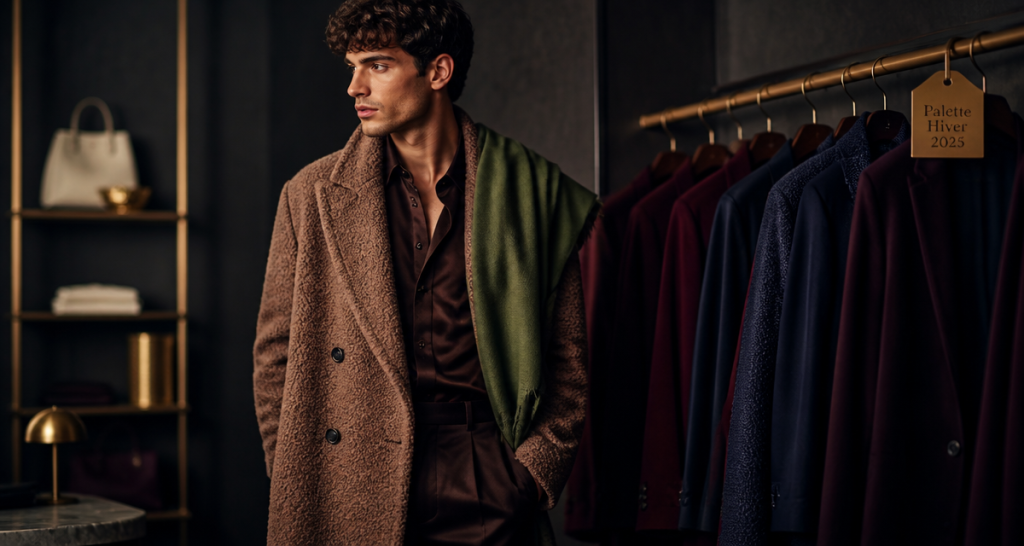 couleurs mode hiver 2025 manteau mocha mousse écharpe vert iguana