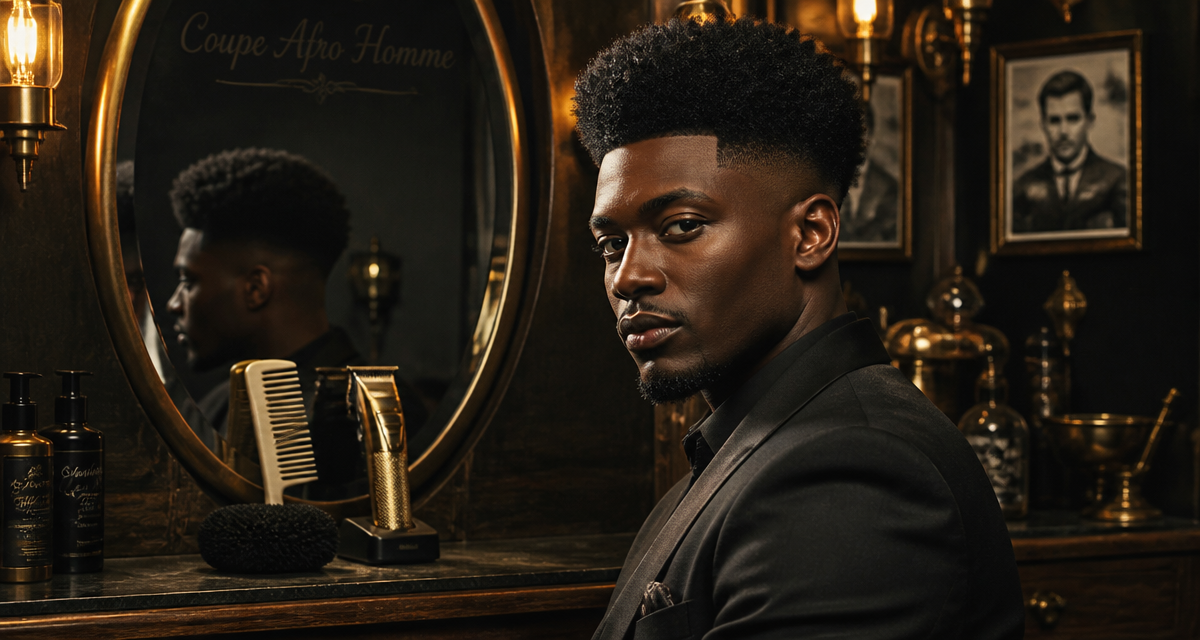 coupe afro homme devant miroir vintage