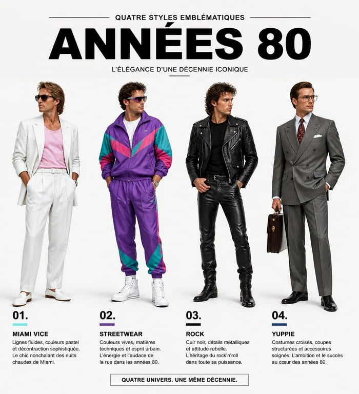 Quatre styles de tenue année 80 homme : Miami Vice, streetwear, rock et yuppie