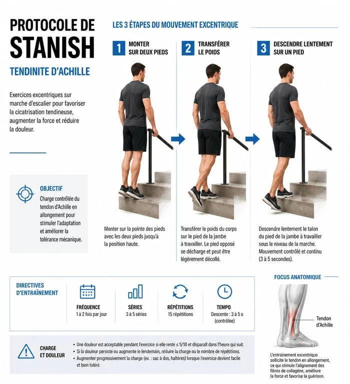 Infographie du protocole de Stanish pour la rééducation d'une tendinite du tendon d'Achille