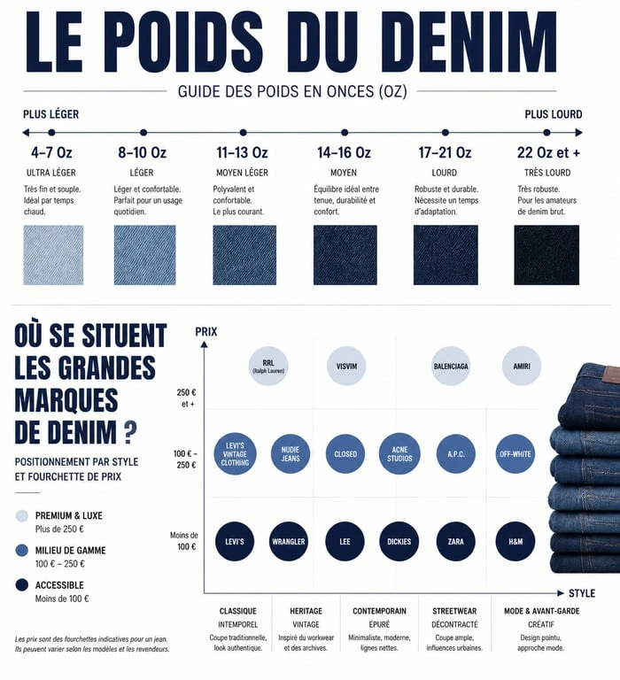 Infographie comparative des poids de toile denim et positionnement des marques de jeans homme