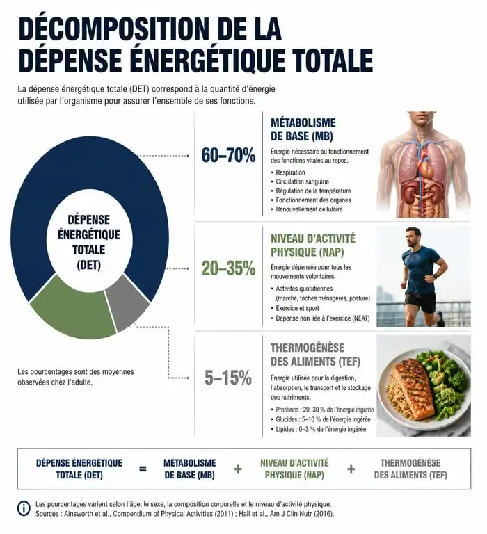 Infographie sur le calcul du besoin journalier en calories et la dépense énergétique totale
