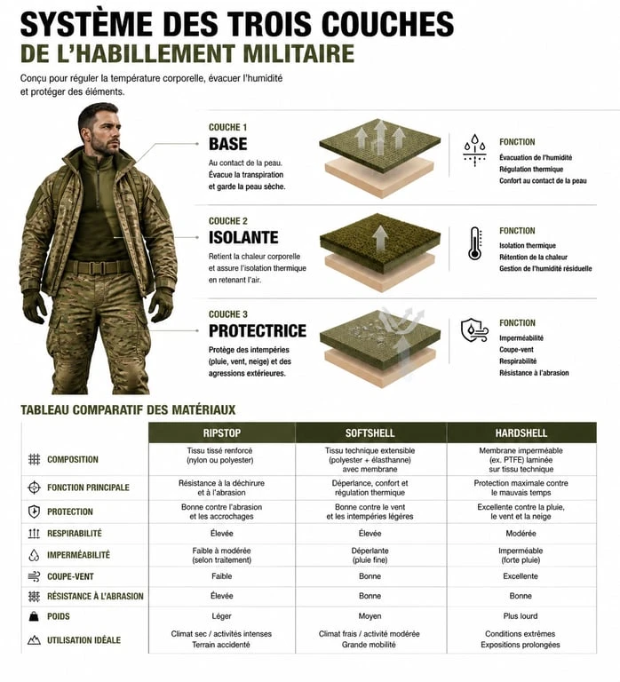 Infographie comparative des matériaux et du système des trois couches pour l'habillement militaire
