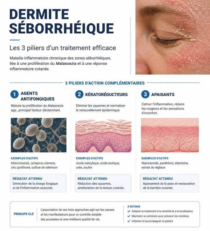 Infographie des actifs pour le meilleur shampoing dermite séborrhéique : antifongiques, kératoréducteurs et apaisants